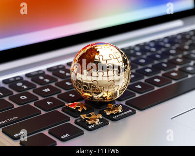 3D-Rendering eines goldenen sphärische Puzzles mit goldenen Segmenten auf der Computertastatur Stockfoto