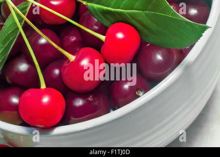 Nahaufnahme eines Teils der weißen Keramik-Vasen gefüllt mit großen reifen Kirschen mit grünen Blättern. Stockfoto