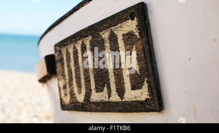 Nahaufnahme eines hölzernen Tafel Name "Julie" Stockfoto
