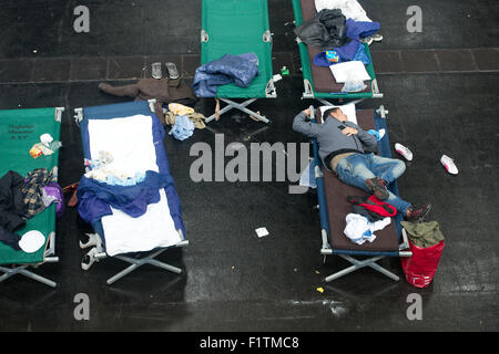 München, Deutschland. 07. Sep, 2015. Ein Flüchtling liegt auf dem Bettchen innerhalb der Auffangeinrichtung Flüchtling auf der Messe in München, 7. September 2015. Foto: ANGELIKA WARMUTH/Dpa/Alamy Live News Stockfoto