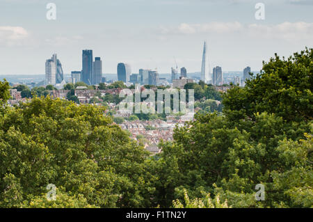 London City Skyline aus der Ferne hinter Bäumen betrachtet Stockfoto