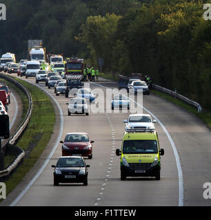 M3 in der Nähe von Winchester, UK. 7. September 2015.   M3 Hampshire, Polizei, Umgang mit einem "tödlichen Kollision" auf der M3 Richtung Norden zwischen den Anschlussstellen acht und neun Uhr Micheldever. Zwei Fahrzeug Bene beteiligt haben und man hat übrig Straße und am Ende oben im Baum hängenden in eine Autobahn-Schlucht. Ein Sprecher von Hampshire Constabulary sagte: "Wir tun mit einem ernsthaften Zusammenstoß auf der M3 in nördlicher Richtung am Micheldever führte zu einer der beiden Bahnen geschlossen hat, ist es wahrscheinlich auf diese Weise für einige Zeit bleiben. Bildnachweis: Jason Kay/Alamy Live News Stockfoto