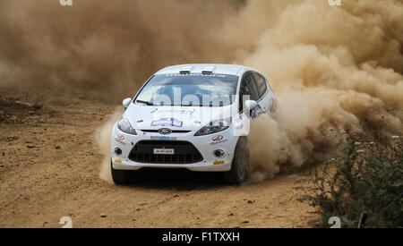 ISTANBUL, Türkei - 25. Juli 2015: Ferhat Tanribilir fährt Ford Fiesta R2 im Bosporus Rallye 2015, Mudarli Bühne Stockfoto