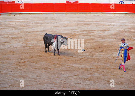 BARCELONA, Spanien - 1. August 2010: Bull Augen der Torero nachdenklich vor einem Angriff während eines Bullfighing in Barcelona Stockfoto