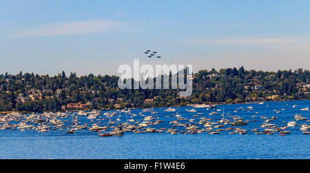 Die Blue Angels Durchführung über Seattle während der 2015 Seafair Air Show. Stockfoto