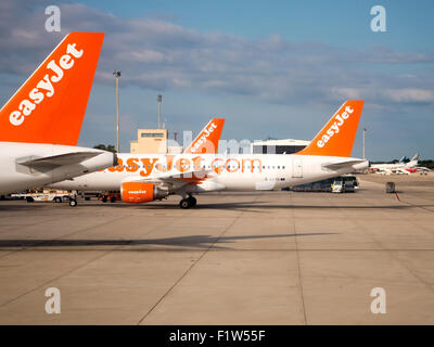 EasyJet-Flugzeuge aufgereiht auf dem Rollfeld des Flughafen von Palma, Mallorca, Spanien Stockfoto