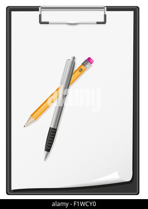 Zwischenablage leeren Blatt Papier Feder und Bleistift Vektor-Illustration isoliert auf weißem Hintergrund Stock Vektor