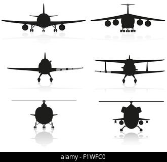 Set Icons Flugzeug Silhouette und Helikopter Vektor-Illustration isoliert auf weißem Hintergrund Stock Vektor