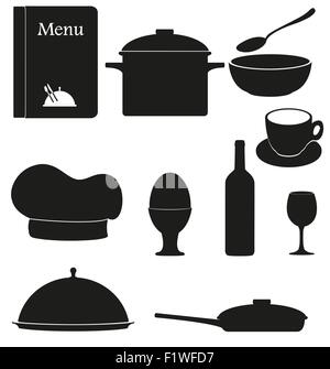 Set Küche Symbole für Restaurant Kochen schwarze Silhouette Vektor-Illustration isoliert auf weißem Hintergrund Stock Vektor