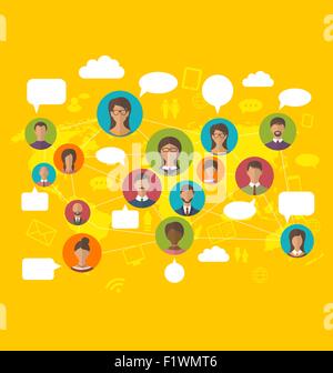 Soziale Netzwerk-Konzept auf Weltkarte mit Menschen Symbole Avatare Stock Vektor