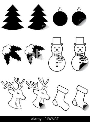 Ikonen-Etiketten für Weihnachten und Neujahr schwarze Silhouette Vektor-Illustration isoliert auf weißem Hintergrund Stock Vektor