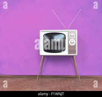 Vintage TV über rosa Hintergrund. 3D-Konzept Stockfoto