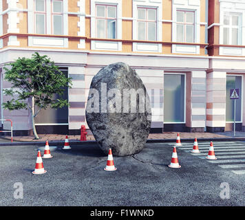 Meteorit fiel auf einer Stadtstraße. 3D-Konzept Stockfoto