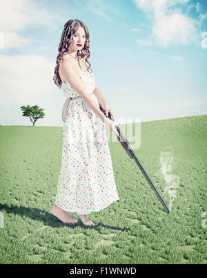 schöne junge Mädchen Jäger. Kreativkonzept Foto- und cg Elemente kombiniert Stockfoto