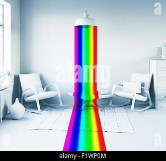 Regenbogen Farbe Licht von der Lampe in einem weißen inneren. Kunst-Stil 3d Konzept Stockfoto