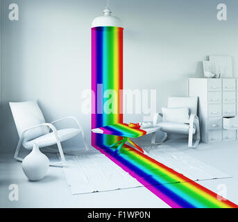 Regenbogen Farbe Licht von der Lampe in einem weißen inneren. Kunst-Stil 3d Konzept Stockfoto