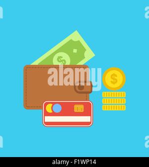 Flache bunte Icons der Geldbörse, Kreditkarte, Dollar, Münze Stock Vektor