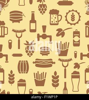 Nahtlose Muster mit Symbolen an Bier und Snacks Stock Vektor