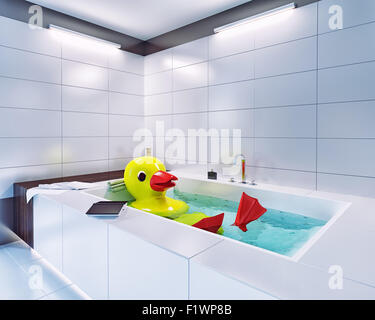 die großen Gummiente Entspannung im Bad. 3D Kreativkonzept Stockfoto