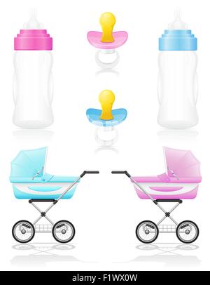 Legen Sie Symbole Perambulator Flasche Schnuller rosa und blaue Vektor-Illustration isoliert auf weißem Hintergrund Stock Vektor