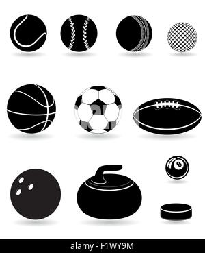 Stellen Sie Icons Sport Kugeln schwarze Silhouette Vektor-Illustration isoliert auf weißem Hintergrund Stock Vektor