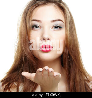 Beauty Gesicht der Frau. Junges Mädchen lächelnd. Isoliert auf weißem Hintergrund. Modefoto Stockfoto