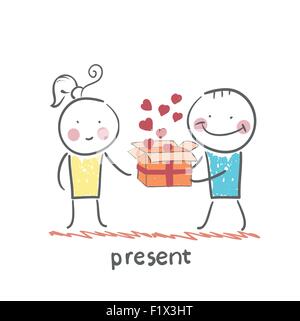 eine Person gibt ein Geschenk mit Herz-Mädchen Stock Vektor
