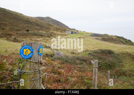 Wales Küstenpfad Wegpunkt / Fußweg hinunter Porth Ysgo, Llanfaelrhys, Aberdaron, Llyn Halbinsel, Wales Stockfoto