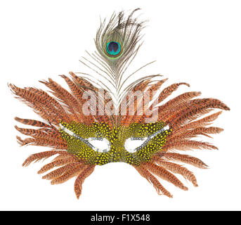 Karnevalsmaske mit Pfauenfeder. Stockfoto