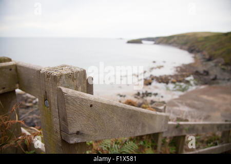 Cloe, Handlauf aus Holz auf Fußweg hinunter zum Porth Ysgo, Llanfaelrhys, Aberdaron, Llyn Halbinsel, Wales Stockfoto