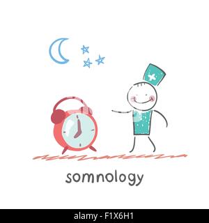 Somnology steht neben dem Alarm. Lustige Cartoon-Stil-Abbildung. Die Situation des Lebens. Stock Vektor
