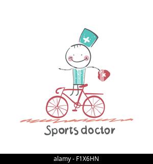 Sportarzt fährt Fahrrad. Lustige Cartoon-Stil-Abbildung. Die Situation des Lebens. Stock Vektor
