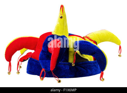 Jester-Hut auf dem weißen Hintergrund isoliert. Stockfoto