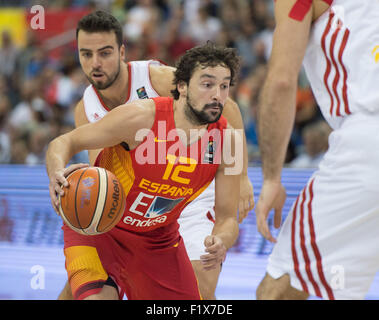 Berlin, Deutschland. 6. Sep, 2015. Spaniens Sergio Llull in Aktion während der Europameisterschaft Basketball-match zwischen Spanien und der Türkei bei der Mercedes-Benz-Arena in Berlin, Deutschland, 6. September 2015. Foto: Lukas Schulze/Dpa/Alamy Live News Stockfoto