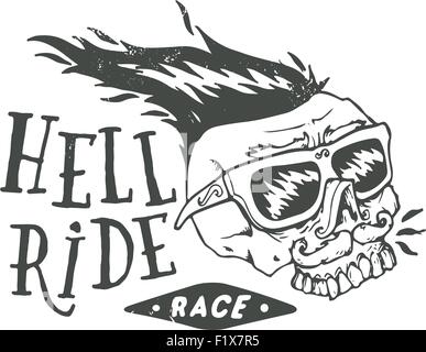 Hölle Fahrt Rennen Schriftzug. Schnauzbärtigen Biker Skull Vintage drucken. Texturierte monochromen Retro-Vektor-illustration Stock Vektor
