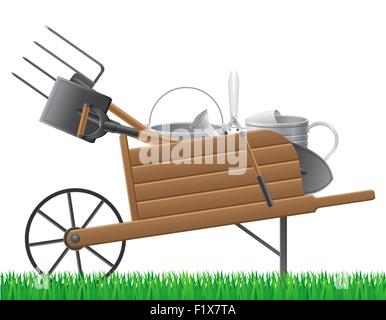 hölzernen alten Retro-Garten Schubkarre mit Werkzeug-Vektor-Illustration isoliert auf weißem Hintergrund Stock Vektor