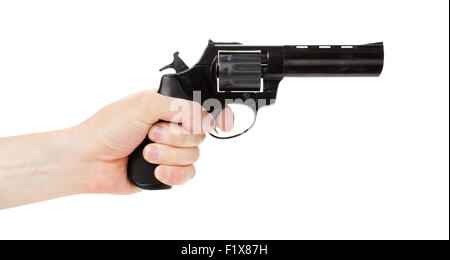 Revolver Pistole in der Hand auf dem weißen Hintergrund. Stockfoto