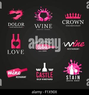 Hellen Set Flasche Wein Glas Logo. Weingut Schild Originalentwurf. Alten Weinberg Vektorelemente auf schwarzem Hintergrund Stock Vektor