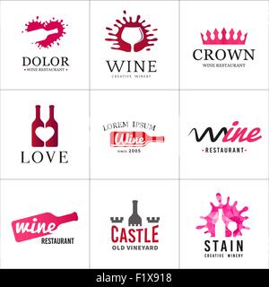 Satz von Flasche Wein Glas Logo. Weingut Schild Originalentwurf. Alten Weinberg Vektorelemente Stock Vektor