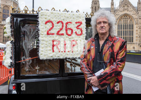 London, UK. 8. September 2015. Dr. Brian May, Astrophysiker und Gitarrist von Queen, schließt sich die Haltestelle der Dachs Cull Protest bei den Houses of Parliament. Die Demonstranten, darunter die Tierrechtsorganisation PETA, wollen rechtliche Schritte gegen die Keulung starten. Dachse sind Träger der Bovine Tuberkulose (Mycobacterium Bovis) und gedacht, um für die Verbreitung der Krankheitsbildes verantwortlich sein. Foto: Lebendige Bilder/Alamy Live-Nachrichten Stockfoto