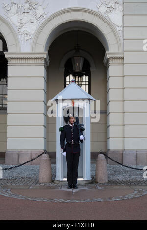 Wache auf seinem Posten vor einem Wachhäuschen, Königspalast, Oslo, Norwegen, Europa Stockfoto
