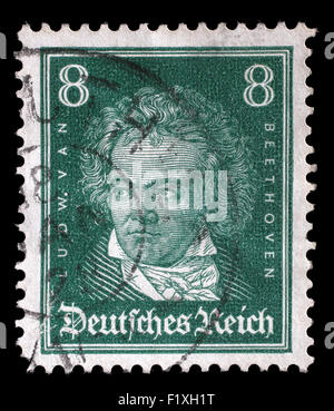 Gedruckt im Deutschen Reich Briefmarke zeigt Ludwig van Beethoven, deutscher Komponist und Pianist, ca. 1927. Stockfoto