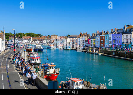 Angelboote/Fischerboote vertäut am Custom House Quay in Weymouth, Jurassic Coast, Dorset, England, UK Stockfoto