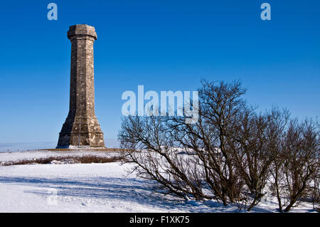 Blauer Himmel und Schnee bei Hardys Denkmal auf Black Down in Dorset, England, UK Stockfoto