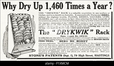1920er Jahre Werbung. Anzeige datiert 1923 Werbung Drykwik Gestell zum Trocknen von Platten, Geschirr, Tassen usw. in der Waschküche oder in der Küche. Stockfoto