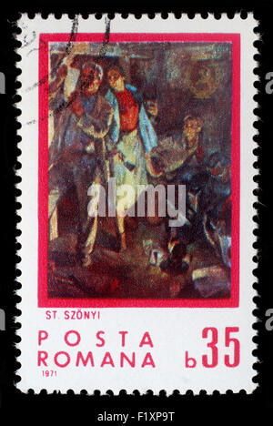 Briefmarke gedruckt von Rumänien, zeigt Bild Leser Proklamation durch Stefan Szonyi (1913 – 1966), ca. 1971 Stockfoto