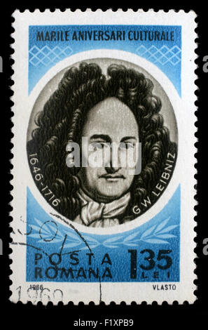 Briefmarke gedruckt in Rumänien zeigt deutscher Universalgelehrter, Mathematiker Gottfried Wilhelm von Leibniz (1646 – 1716), ca. 1966 Stockfoto