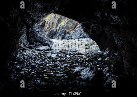 Dunkle Höhle am Strand von Trefin in Pembrokeshire, Wales. Stockfoto