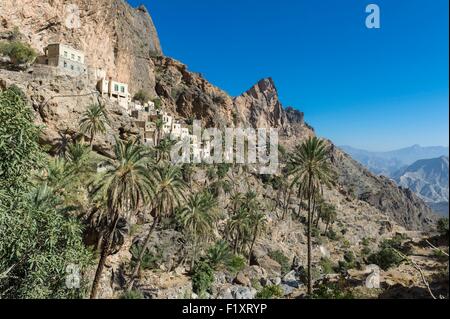 Sultanat von Oman, Gouvernorate Al-Batinah, Wadi als Sahtan im Bereich der Al-Hajar-Gebirge, Wijmah Dorf Stockfoto