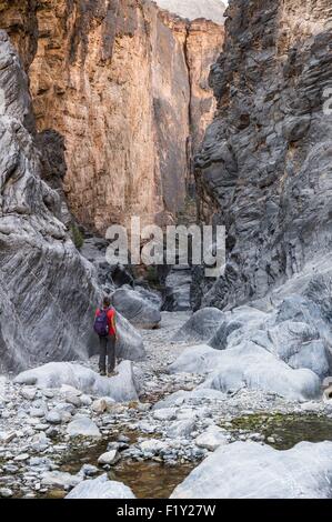 Sultanat von Oman, Gouvernorate Al-Batinah, Wadi Bani Awf in Al-Hajar-Gebirge-Bereich, Little Snake Canyon Stockfoto